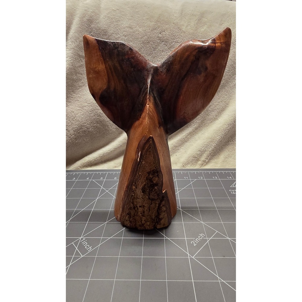 Hand Carved Wooden Whale Tail Sculpture Live Edge Nautical Coastal Decor 7.5in